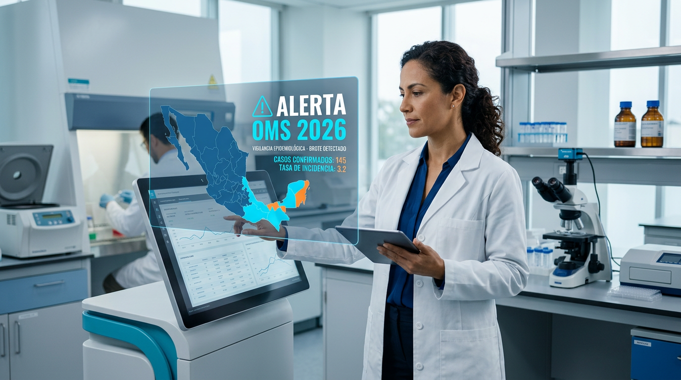 Epidemiologo AMUNET revisando alerta OMS ebola 2026 en laboratorio clinico Mexico