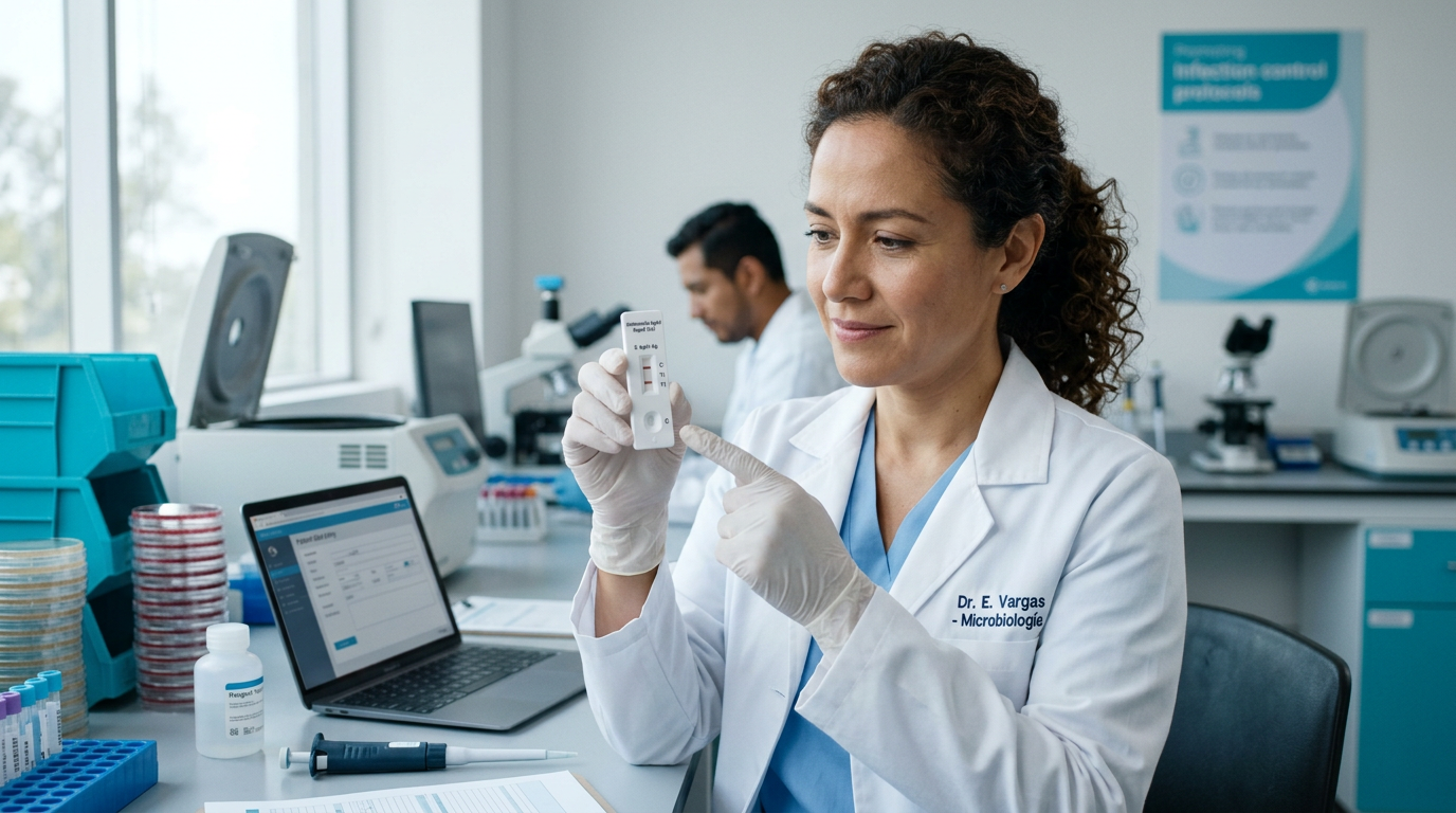 Profesional de laboratorio con prueba rapida Salmonella typhi AMUNET