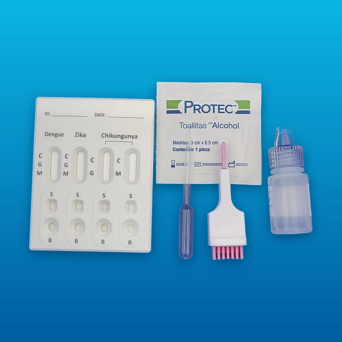 Contenido del kit: dispositivo, toallita con alcohol, gotero, lanceta y diluyente