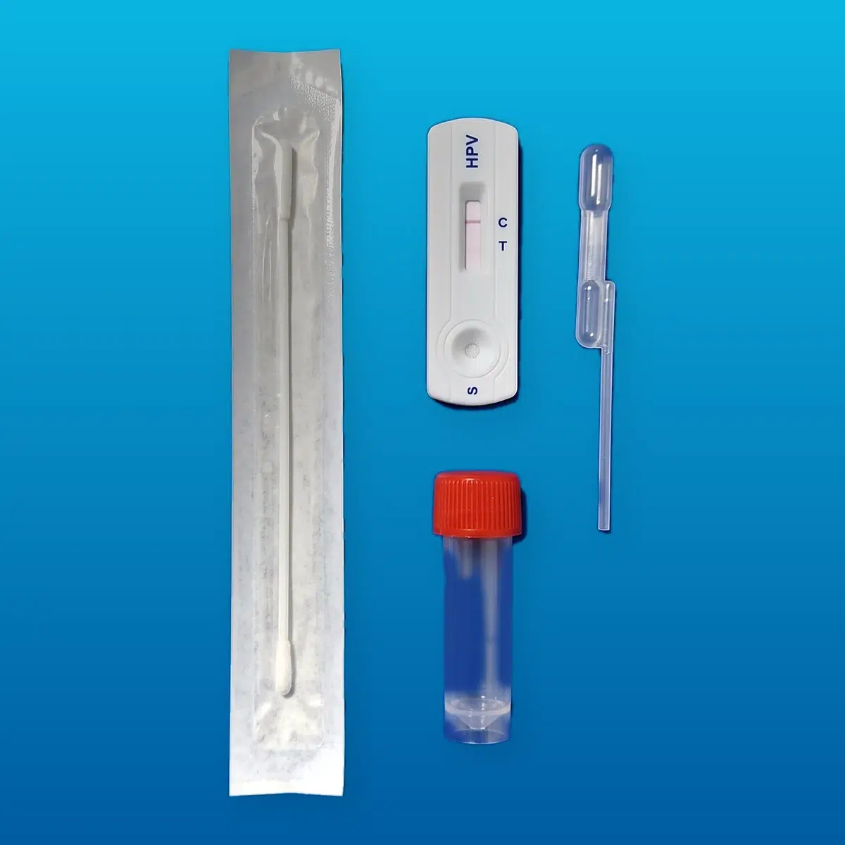 Kit VPH E7: hisopo cervical estéril, casete de prueba, tubo con buffer de extracción y gotero de transferencia