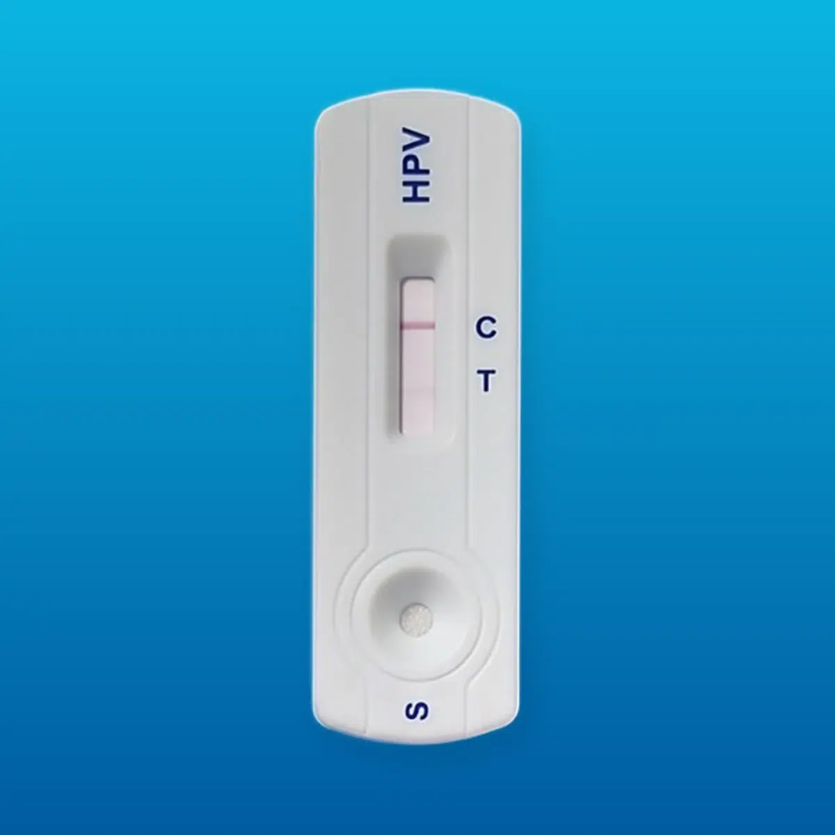 Prueba rápida VPH E7: casete de flujo lateral con ventana de lectura, marcas C y T y pozo de muestra S
