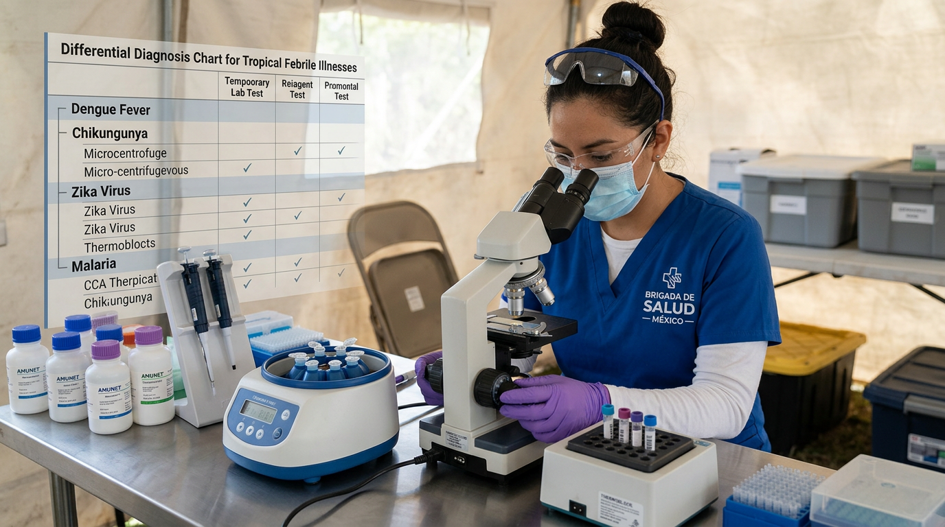 Brigada de salud con laboratorio portable AMUNET para diagnostico diferencial en campo