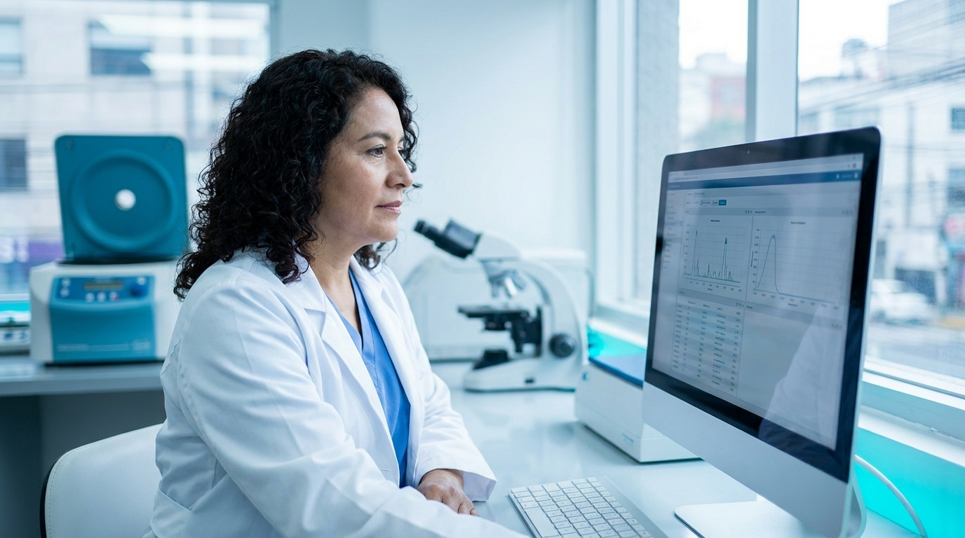 Laboratorista revisando resultados de diagnostico diferencial en laboratorio clinico