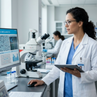 Profesional de laboratorio revisando resultados en clinica AMUNET Mexico