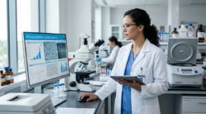 Profesional de laboratorio revisando resultados en clinica AMUNET Mexico