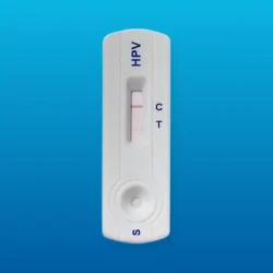 Prueba rápida VPH E7: casete de flujo lateral con ventana de lectura, marcas C y T y pozo de muestra S